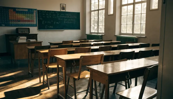 Leeg klaslokaal met schoolbord en houten banken bij middagzon